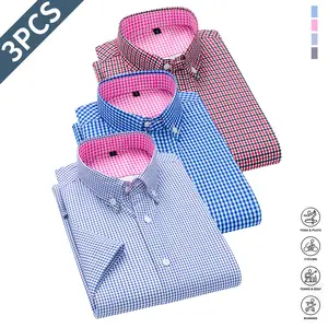 3-Pack — Men’s Shirts, Short Sleeve, Business Formal, Plaid & Striped Patterns, Single Color, Button Closure, Extra Large