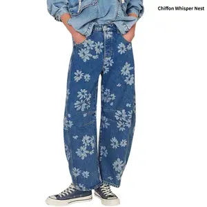 Women's Simple Floral Jeans Y2K Loose Wide-Leg Jeans Boyfriend Style Printed Patchwork Jeans