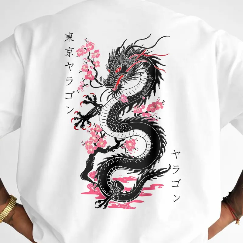 Japanese Dragon & Cherry Blossoms 100% Cotton Short Sleeve Casual