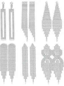 6Pairs Rhinestone Earrings Dangling Chandelier Earrings For Women Sparkly Long Tassel Silver Statement Drop Dangle Earrings for Wedding Bride Bridesmaid Prom Party