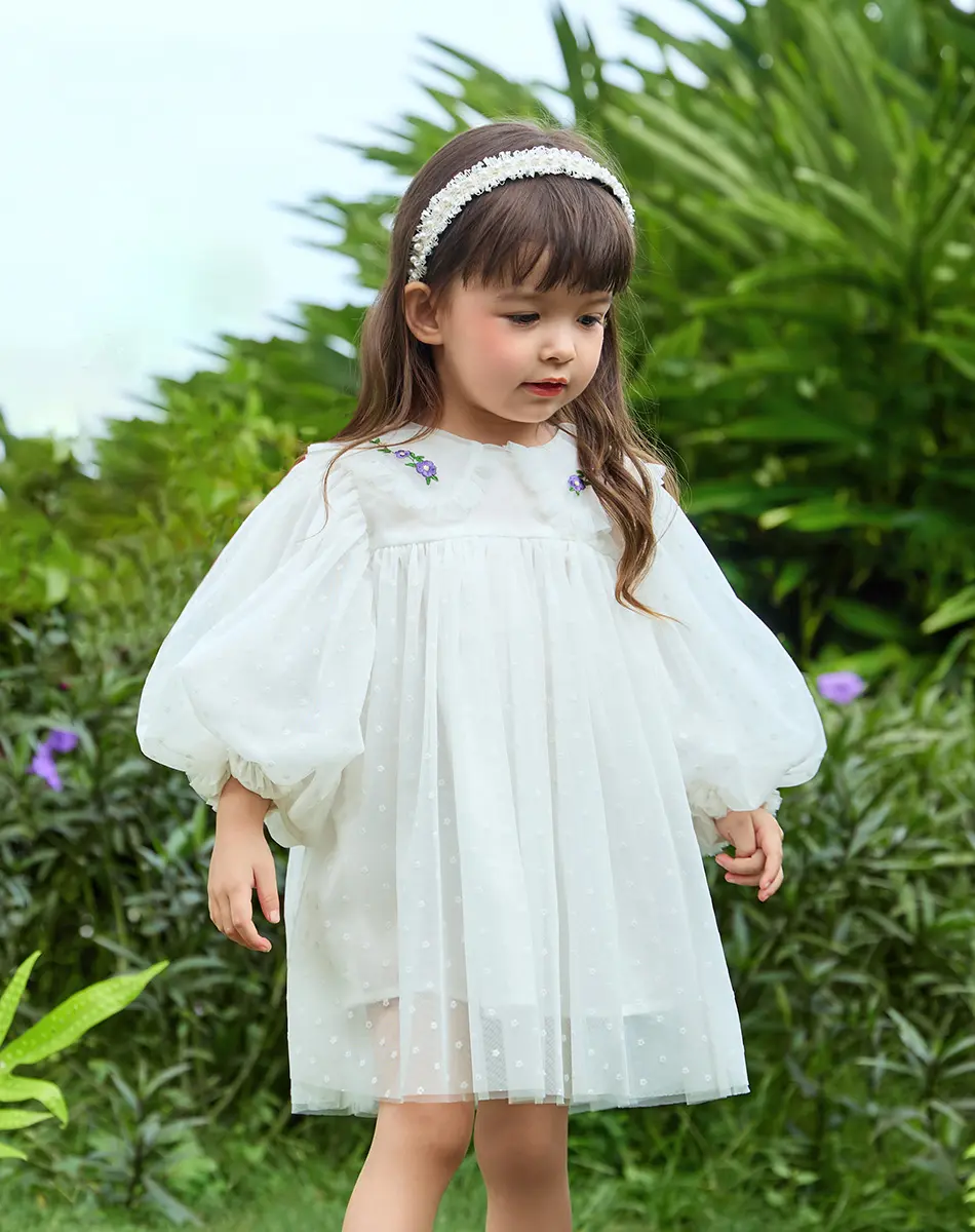 CICIIBEAR Girls' Long Sleeve Crew Neck Bodycon Princess Dress, Tiered Cotton-Mesh Midi for Party, First Communion, Size 100/3T