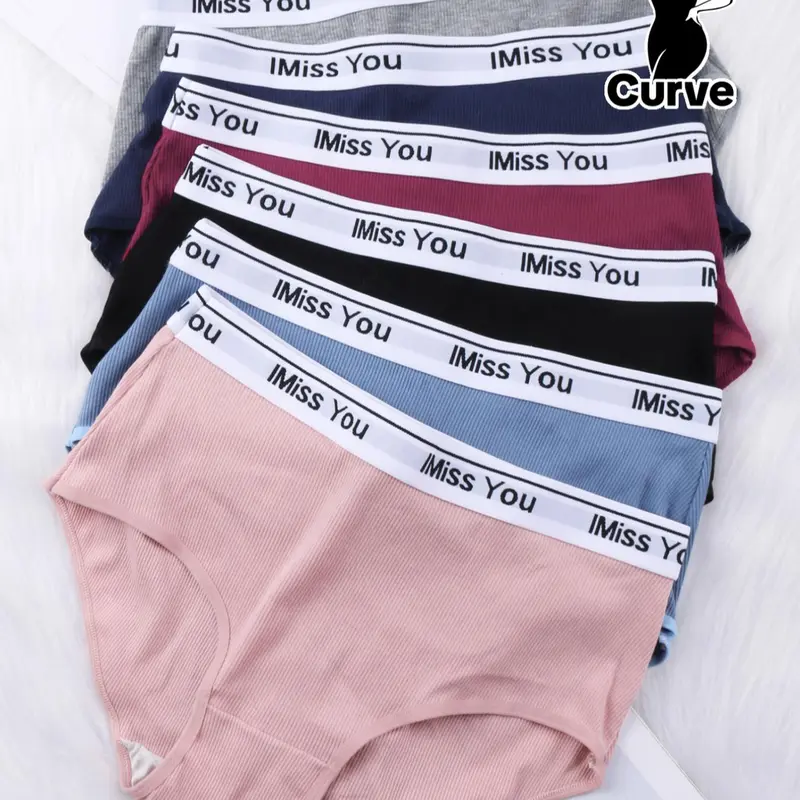 Women's Plus Size Letter Ribbed Seamless Lingerie Underwear Set 6 Pack, Comfortable Breathable Lightweight Fabric Loose Fit Breathable Comfy Panties For Daily Wear, Plus Size Summer, Everyday