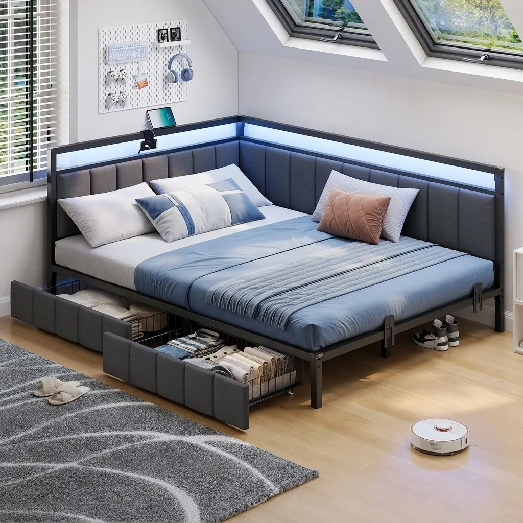 Hasuit Twin/Twin XL/Full/Queen/King Size Corner Bed Frame with Storage Drawers,  Daybed with Line Fabric Upholstered Fence,  Light and Charging Station, Modern Bed Frame