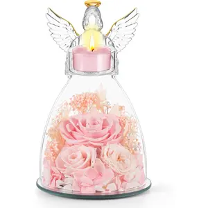 Day Roses Gifts for Mom, Preserved Roses in Angel Figurines With Candle Holder,Fresh Flowers for Delivery,Day Flowers Gifts for Grandma Women Wife from Daughter/Pink