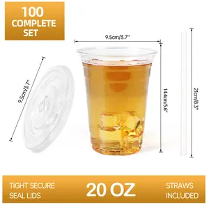 100 Set 20 Oz Clear Plastic Cups Disposable PET Cups For Iced Coffee Cold Drinks Juice Parfait Smoothie Milkshake Party Supplies Birthdays Picnics