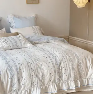 Embroidered French Lace Ruffle Duvet Cover / Blue