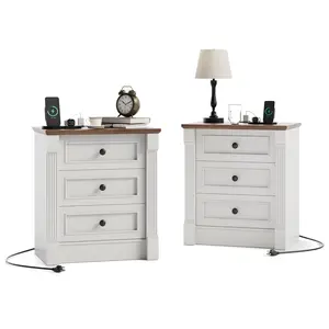 White Nightstand Set of 2 – 23.6" Wide Wood Bedside Table with Charging Station, 3 Drawers & Roman Column Design
