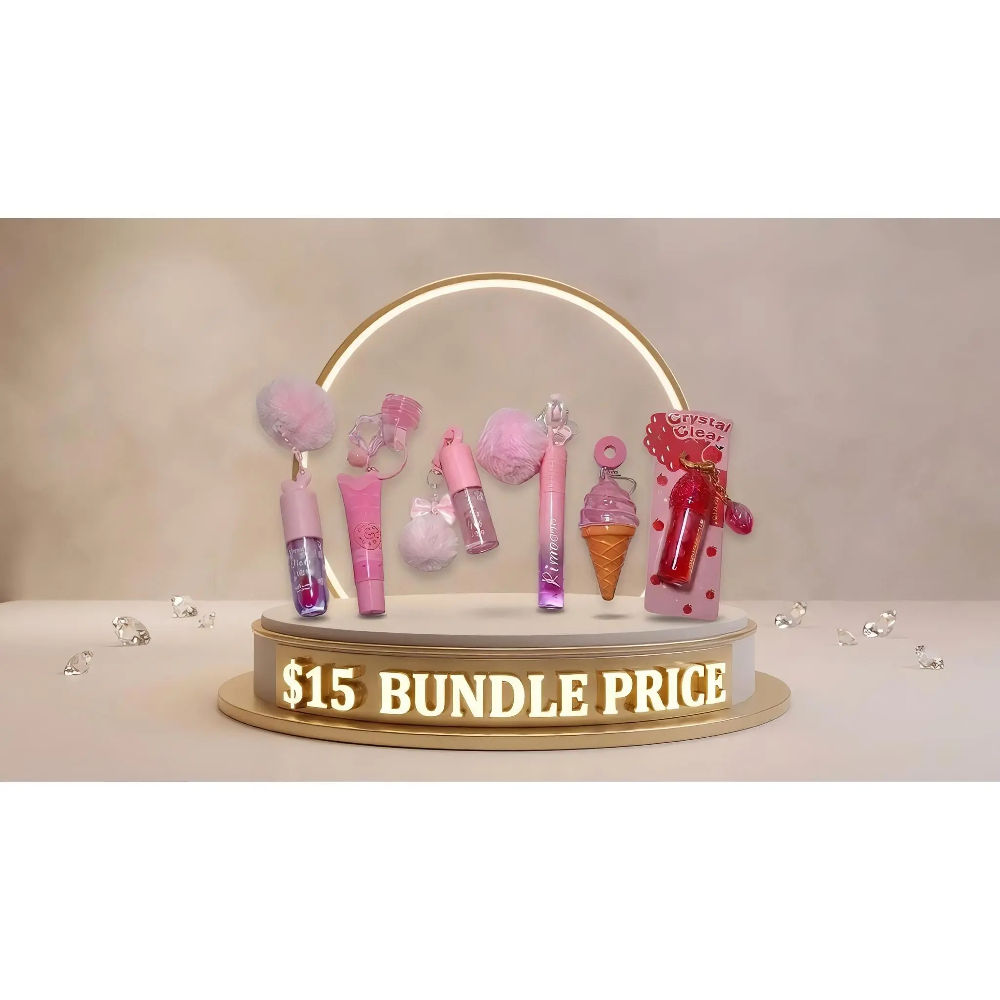 $15 Bundle Price - Pink Makeup Set with Various Products Including Lipstick, Brush, and Accessory