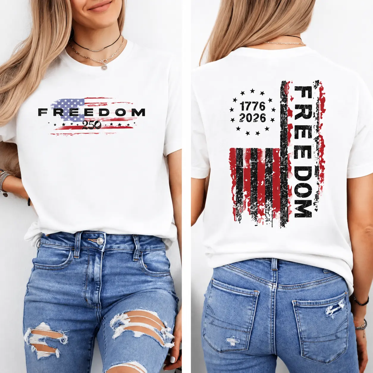[Sale Up To 50%] Freedom 1776–2026 T-Shirt – Patriotic USA Flag Vintage Distressed Graphic, Front & Back Print, Soft US Cotton, Unisex US Fit
