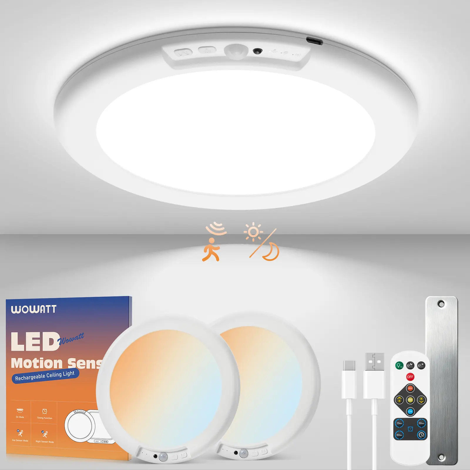 wowatt 2-Pack Modern Rechargeable Wireless Motion Sensor Ceiling Lights, Remote-Controlled, Dimmable, 3 Color Modes, Timer, Water Resistant, Mood Lighting for Home