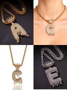 Hip Hop Crown & Water Drop Initial Pendant Necklace Cubic Zirconia Bling Long Layering Chain Streetwear Jewelry Gift