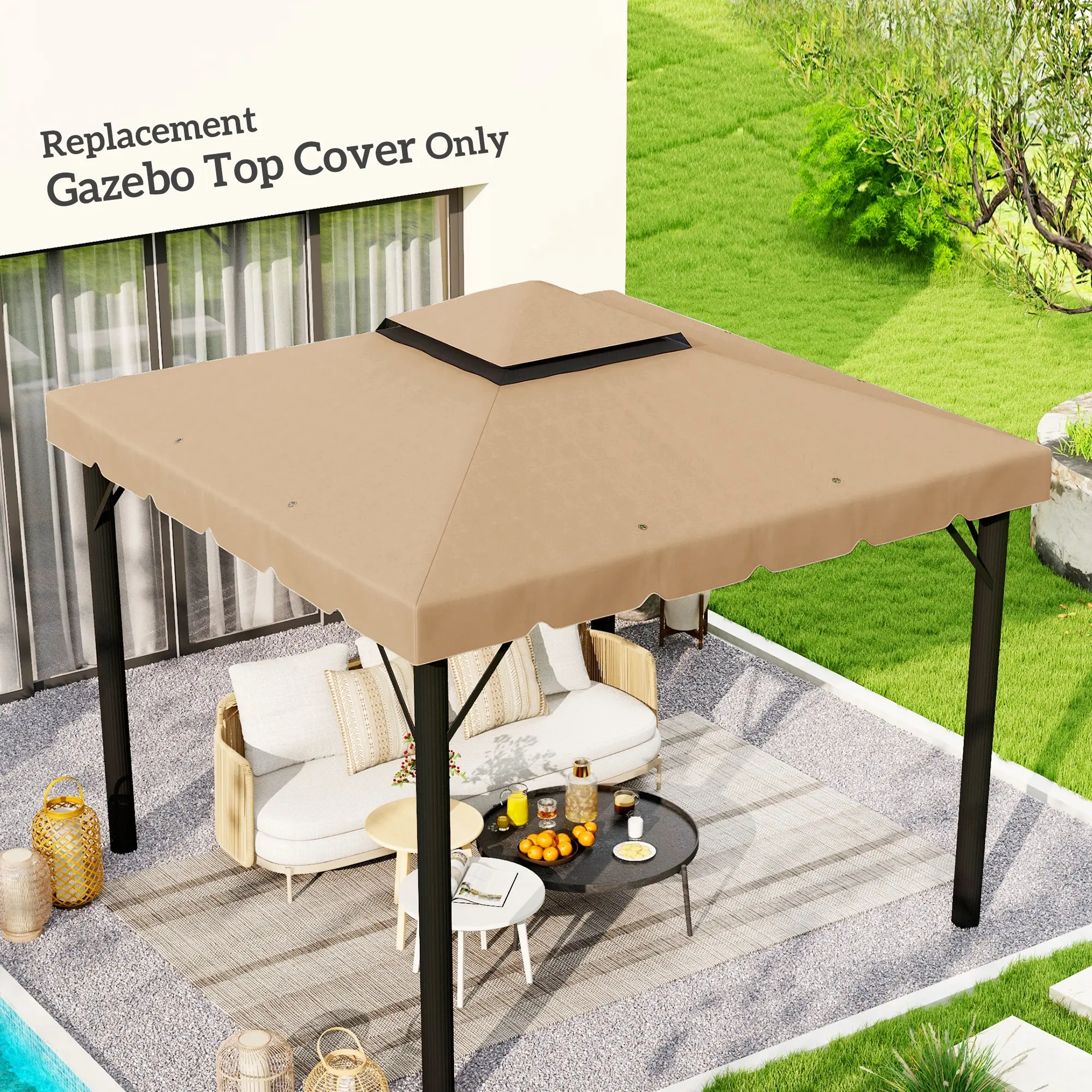 10' x 10' Gazebo Replacement Canopy – Fits 84C-051 & 84C-269 Series. Two-Tier Vented Roof. 8 Rain Drain Holes. PA-Coated. Touch Fastener Attachment. Khaki. TOP ONLY