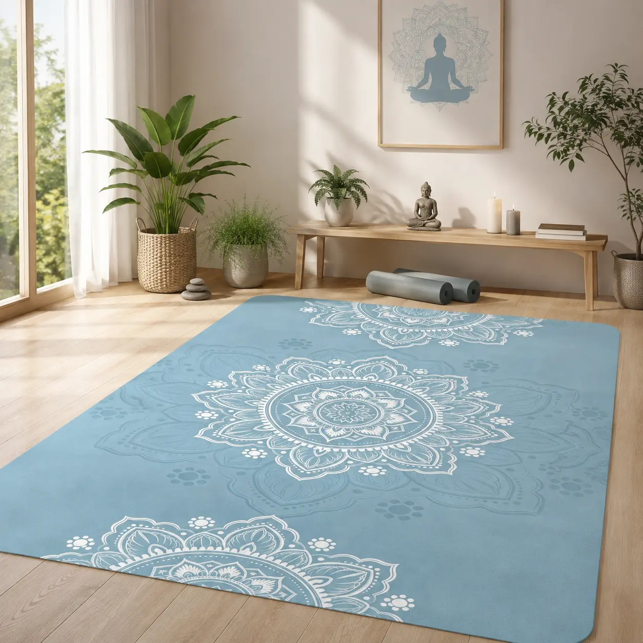 Boho Mandala Area Rug, Floral Decorative Floor Mat for Living Room Bedroom Yoga Meditation Room