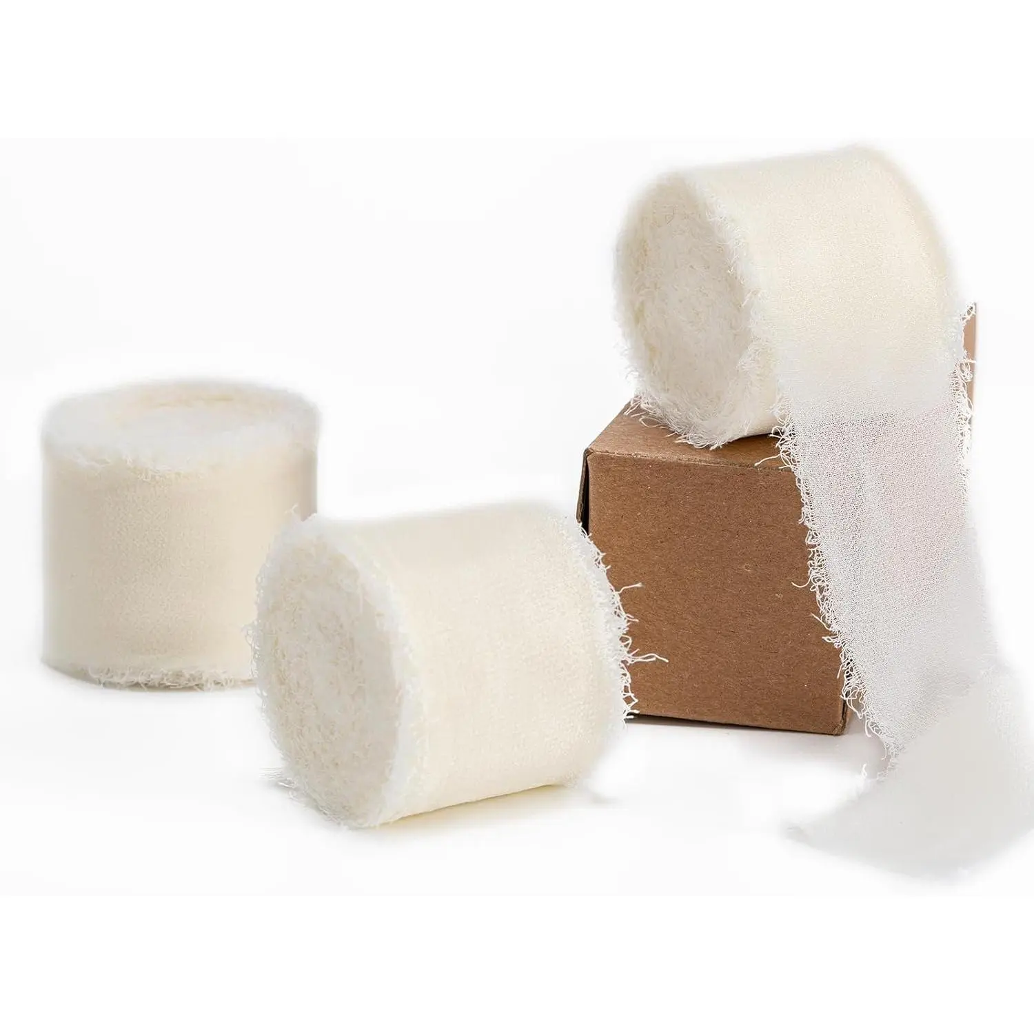 Handmade Chiffon Ribbon,1.5Inch x 3 Rolls Total 24 Yards Ivory Fringe Chiffon Silk Ribbon,for Wrapping Wedding Invitations,Bridal Bouquets,DIY Crafts,Home Decor and More