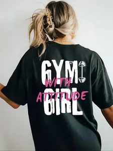 Gym Girl With Attitude Dumbbell Graphic T-Shirt, Oversized Comfort Colors Workout Tee, Retro Bold Text Gym Print Shirt, Casual Short Sleeve Top, Trendy Fitness Girl Aesthetic Cotton Tee for Gym Outfits and Workout Wear