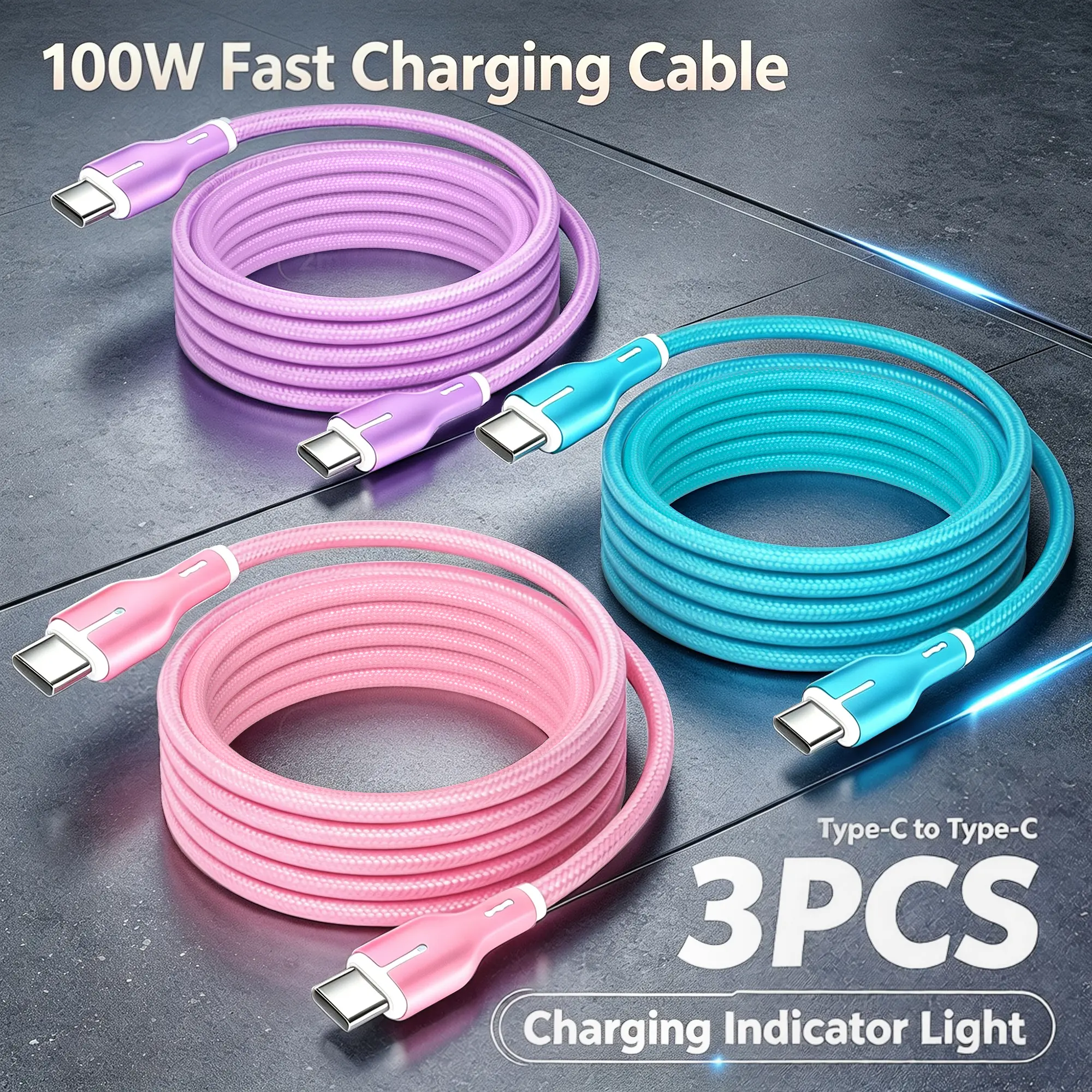 3-pack 100W Type-C To Type-C Pure Copper Core Fast Charging Data Cable, WithCharging Indicator Light, Compatible With IPhone 15/16, Samsung, MacBook/iPad And OtherType-C Connected Devices, Suitable For Office, Home, Car And More