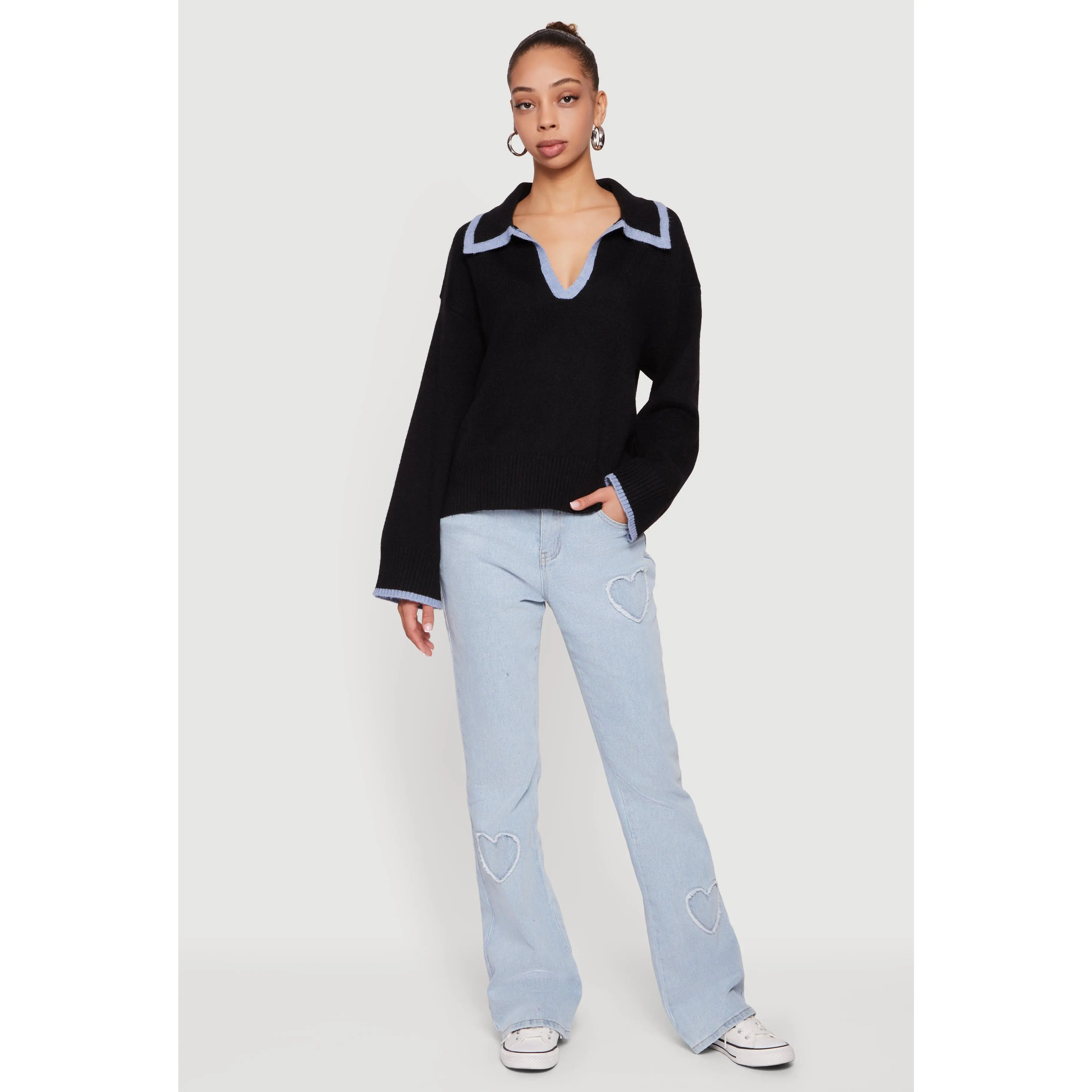 Contrast Trim Johnny Collar Polo Sweater