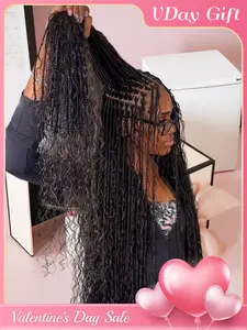 33 Inch Full Lace Front Box Braided Wig, Curly Hair Distressed Knotless Bohemian Style, Synthetic Twist Wigs for Women, Synthetic Twists Wigs, Braided Hair Texture