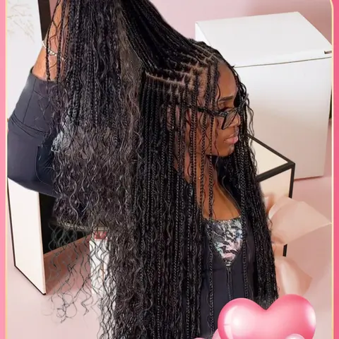 33 Inch Full Lace Front Box Braided Wig, Curly Hair Distressed Knotless Bohemian Style, Boho Style Wigs, Synthetic Twist Wigs for Women, Synthetic Twists Wigs, Braided Hair Texture, Braiding Wig