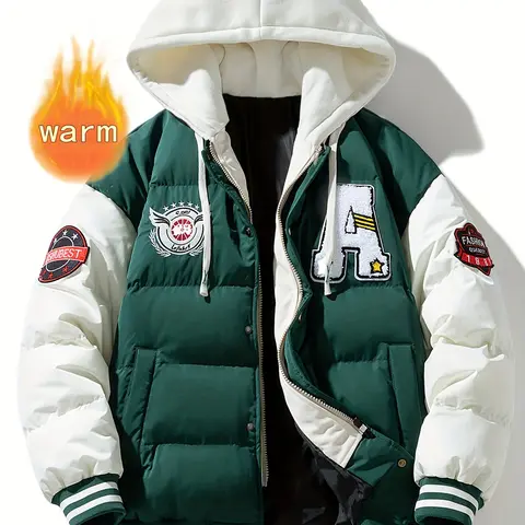 Men's Stylish Corduroy Cotton Fleece Hoodie Jacket - Winter Letter Embroidery Colorblock Male Clothing, Thick Warm Long-Sleeve Windproof Fabric, Casual Outdoor Layered Apparel for Adults' Chilly Days, Machine Washable Street Style