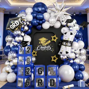 Navy Blue & Silver Graduation Balloon Arch with Certificate, Trophies, Star Foil & Confetti Balloons