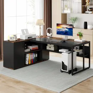 LITTLE TREE 71 inch Executive Desk, L Shaped Desk with Cabinet Storage, Executive Office Desk with Shelves, Business Furniture Workstation for Home Office,Two separate package