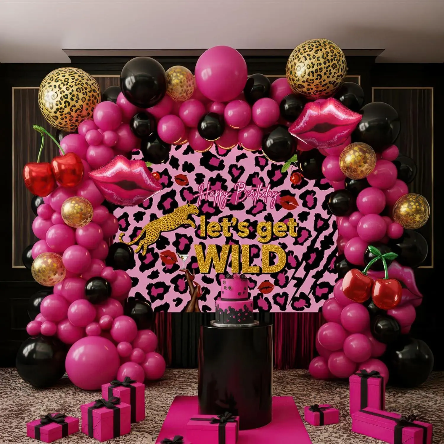 Chic Square Wood Balloon Arch Kit - Hot Pink & Black Cherry Themed, with Elastic Band, Latex Balloons, Foil Cheetah Print Lips Accents, Background Cloth for Birthday Celebrations (Animal-Inspired Decor), Other