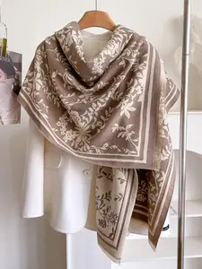 Women's Plants Pattern Double-sided Fringe Trim Shawl, Boho Style Shawl, Casual Soft Warm Long Scarf for Fall & Winter, Fashion Accessories for Daily Wear Shawl Wrap