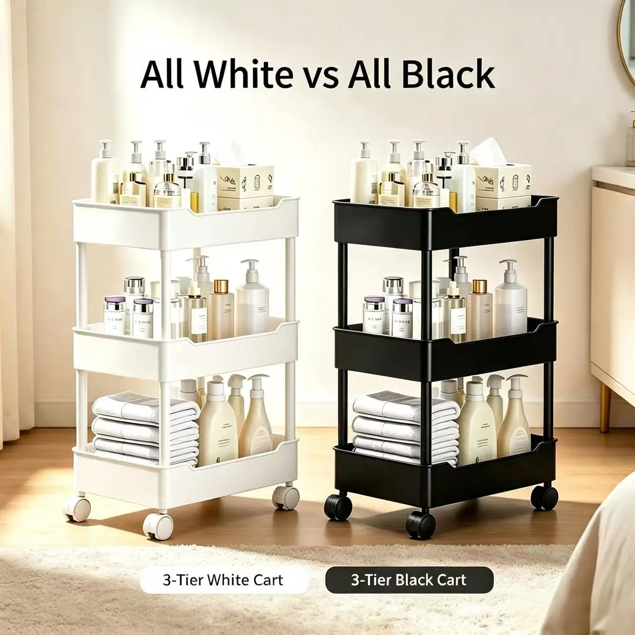 3/4 Tier Slim Rolling Storage Cart Narrow Gap Organizer Mobile Utility Cart with Wheels for Kitchen Bathroom Fridge Side Space Saving Storage Shelf White Black