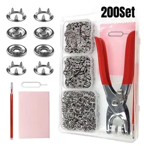 Pack of 200 Snap Fasteners Kit 200 Sets, Metal Snap Button Kit with Fastener Pliers No Sewing, 9.5mm Snap on Button Kit Rust Proof DIY Press Studs Button Fix Tools for Fabric Clothing, Chrome