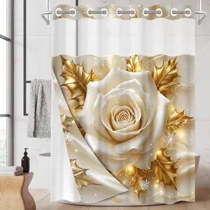 1PC/4PCS 2D Flat Printing Winter Joy Golden Leaf White Rose Snow Scene Patterned Floral shower curtain, home bathroom decor, shower curtain set with 12 hooks, non-slip bathroom rug, U-shaped toilet seat cover, toilet seat mat.