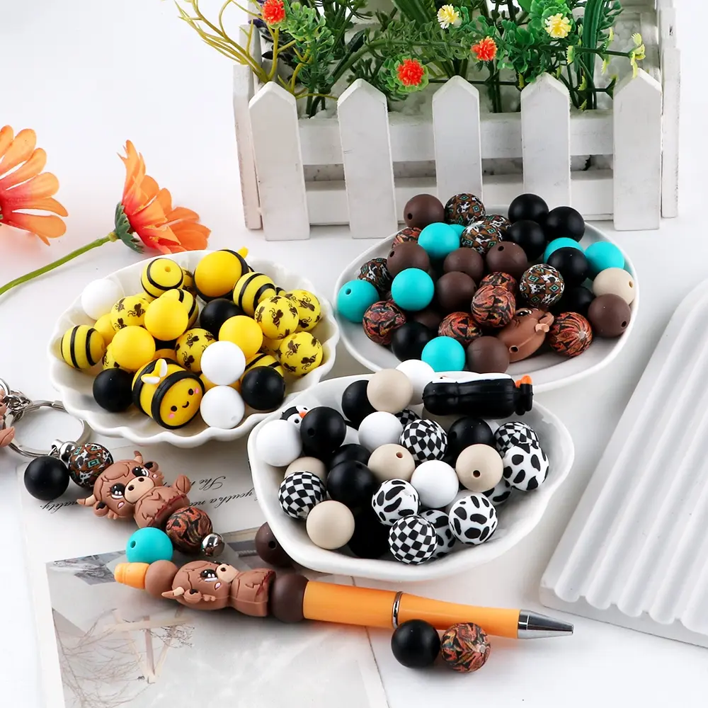 30pcs mixed DIY Beads, Diy Beading, three-dimensional focal bead printed round beads and solid color round beads combination can be used for necklaces, bracelets, for Crystal Craft Set DIY Jewelry Making Bead Set Accessories