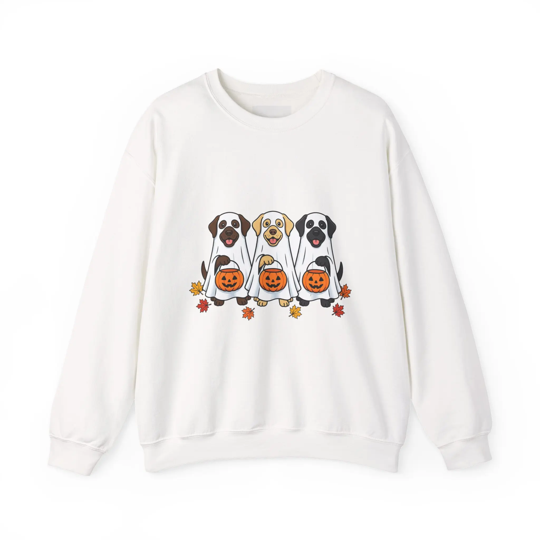 Men's Ribbed Fabric Everyday Sweatshirt - 3 Dogs Holding Pumpkin Buckets, Halloween Puppies, Autumn Leaves, Men's Tops, Sweater, Knit, Embroidered, Menswear, Round Neck, Knitwear
