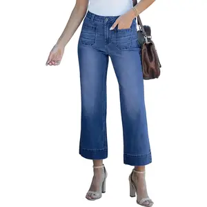 Women's High-Waisted Stretchy Cotton Wide-Leg Denim Flared Cropped Jeans - Bottoms with Patch Pockets, Multi-Size Zip-Button Baggy Streetwear Trousers