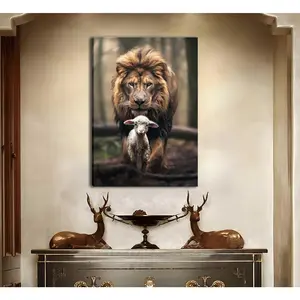 (Framed Frameless Poster Optional)Lion and Lamb Canvas Wall art Christian Jesus Lion King Poster Print God Religious Wall Decor Pictures for Living Room Bedroom Decoration