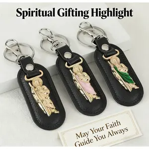 keychain San Judas tadeo stainless steel and leather St. Jude Religious Leather Keychain| Faith-Based Saint Charm Keyring| Durable Faux Leather Accessory for Keys Backpacks wax ring link chain