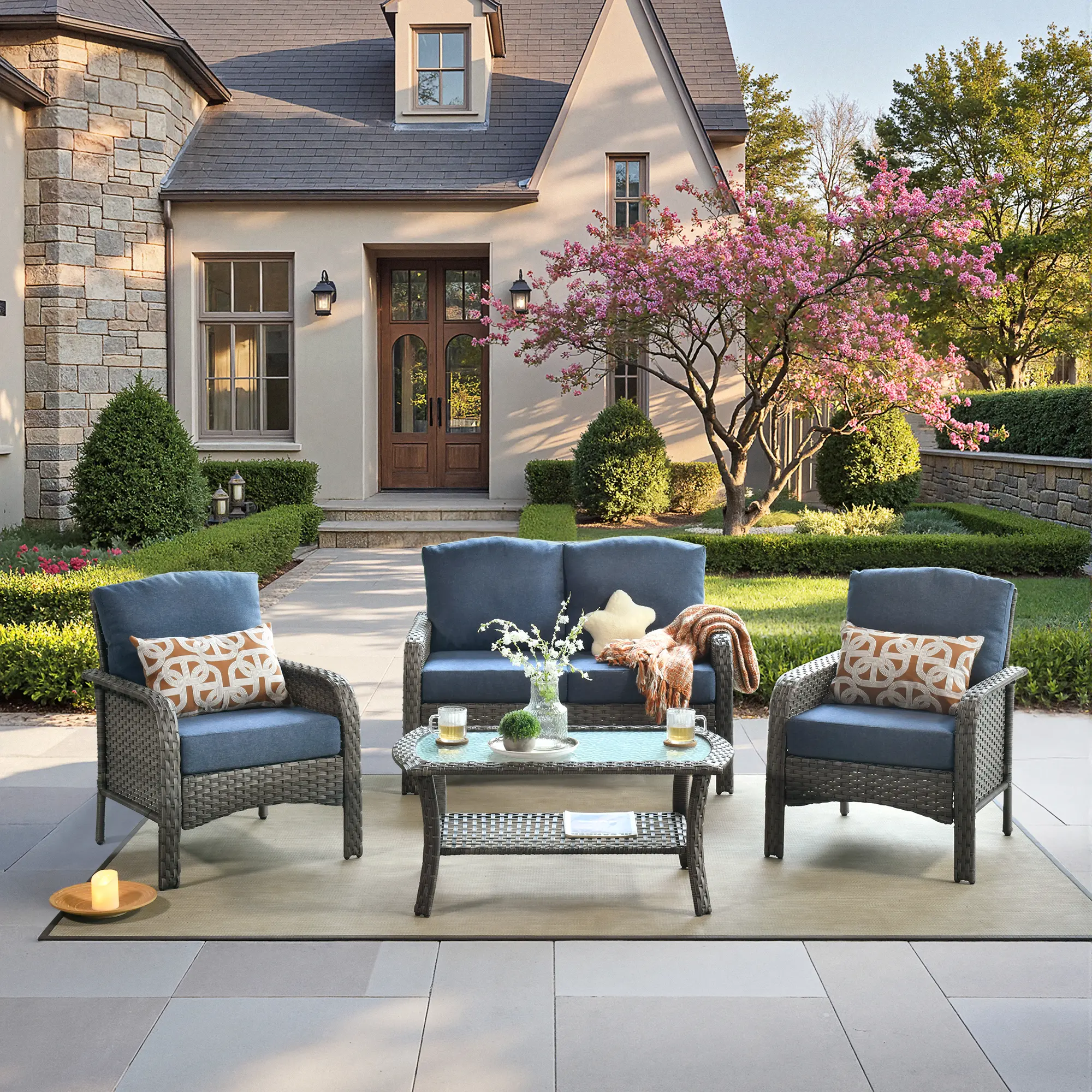 【2 Packages Shipping】HOOOWOOO Outdoor Sectional Patio Furniture Set - 4 Pieces Wicker Conversation Sets, L-Shaped Couch with Coffee Table & Cushions, 4 Seater