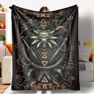 Wolf Medallion Flannel Blanket Witcher Inspired Art Print Ultra Soft Lightweight Warm Cozy Durable for Living Room Bedroom Travel Couch Gaming Room Perfect Gift for Him Home Decor Witcher Fans