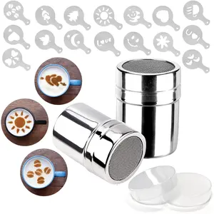 2 Pack Chocolate Shaker Powdered Sugar Shaker Duster 16 Coffee Templates Set for Cream Powdered Sugar Cocoa Cappuccino Kitchen Drinks Baking