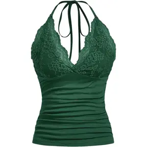 Women's Halter Top Lace Ruched Low Cut Holder Tank Tops Camisole Tops Womenswear Comfort(Sheets)