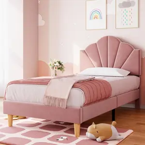 Gaomon Pink Twin Velvet Upholstered Cozy Luxurious Furniture Bed Frame - Height-Adjustable Headboard, Strong Wood Slat & Metal Support, Noise-Free, No Box Spring Needed (Ideal for Girls)
