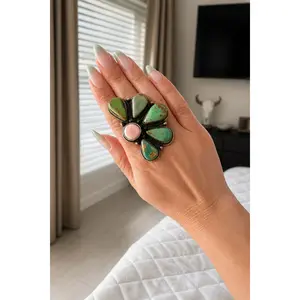 Female Statement Kingman Turquoise and Pink Conch Half Cluster Costume Ring, Fashion Accessory