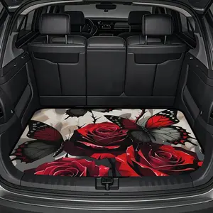 1pc Red Rose and Black Butterfly Print Car Trunk Mat - Non-Slip, Easy to Clean, Durable Polyester Floor Mat for Vehicle Interior, Keeps Car Clean, Fits Most Models