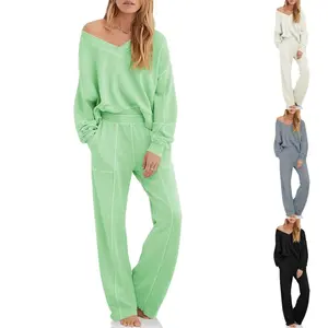 PASLTER Womens 2 Piece Outfit Lounge Set V Neck Sweatshirt High Waist Pants With Pockets Casual Loose Tracksuits