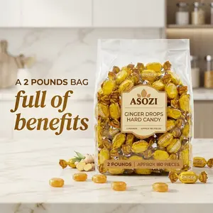 ASOZI Ginger Hard Candy, 2 Pound Bulk Bag for Morning Sickness, Nausea Relief and Digestion Aid, Individually Wrapped Soothing Sweets, Approximately 180 Pieces