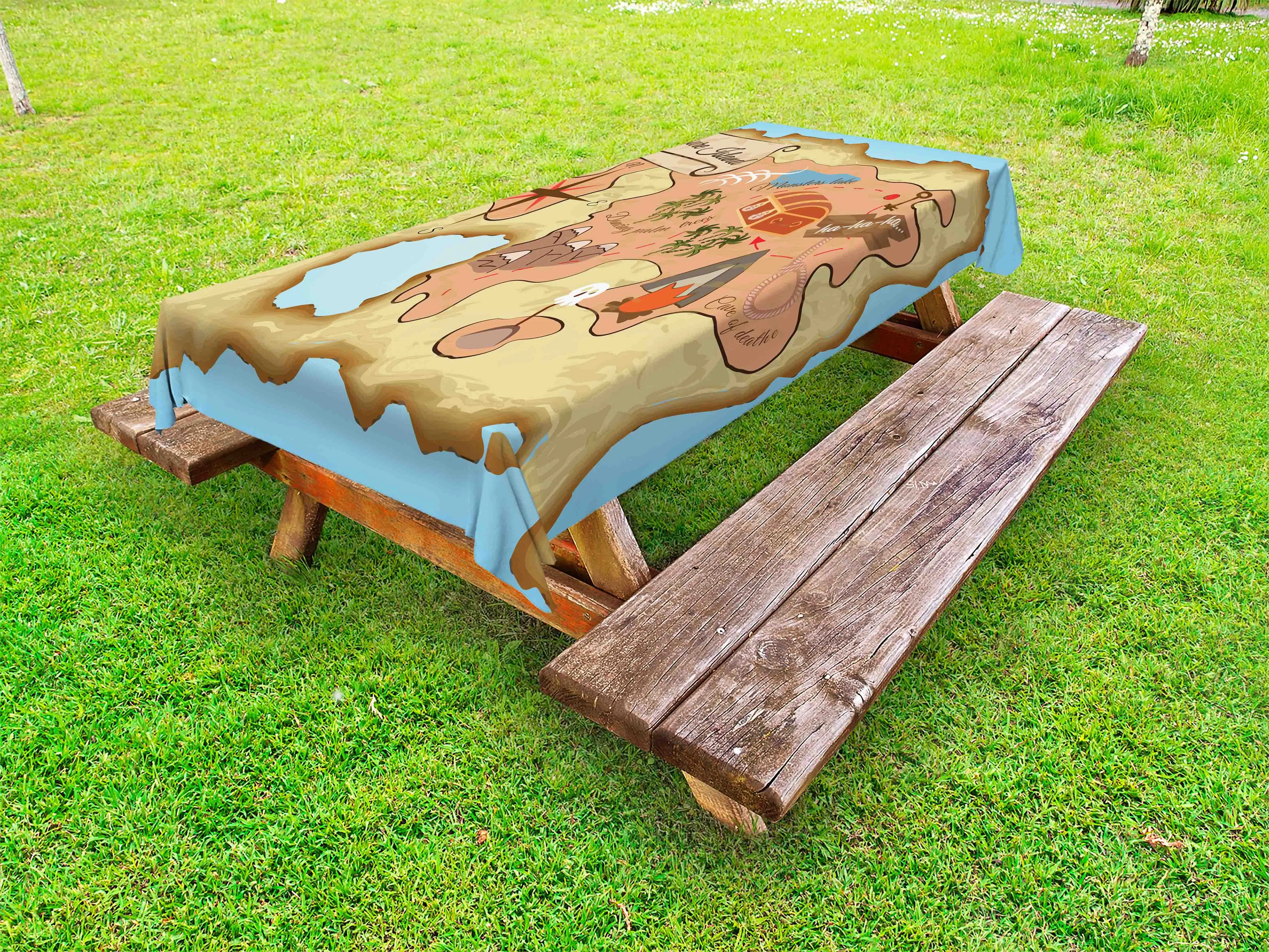 Island Map Outdoor Tablecloth, Treasure of Tropical Beach Chest Key World Theme Print, Decorative Washable Picnic Table Cloth, 58" X 104", Cream Pink Blue