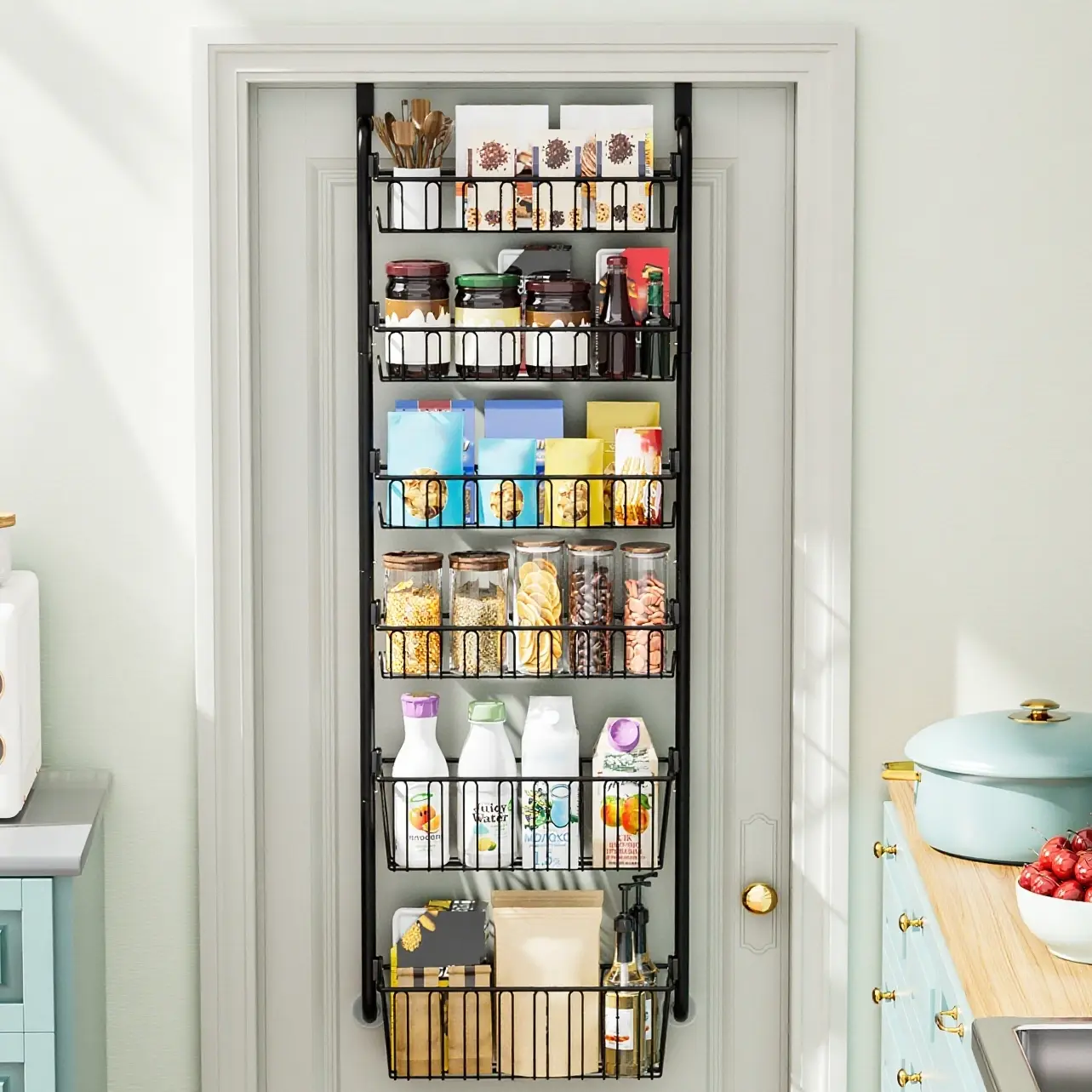 4/6/8 tier,Hang storage racks on the doors,No punching storage basket with suction cup,Hanging space-saving storage rack,Seasoning rack, snack rack, household goods storage rack,Suitable for kitchen, storage room, cabinet, bathroom, Hangable
