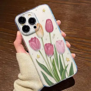 Tulip and star pattern, drop-proof and non-slip TPU full-coverage lens phone case, compatible with iPhone 17, 16, 15, 14, 13, 12, 11, XS, X series and other models. Makes a great gift for friends or family.