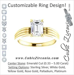 Cubic Zirconia Engagement Ring- The Therese (Customizable Emerald Cut Solitaire with Column Motif Double-Grooved-Band)