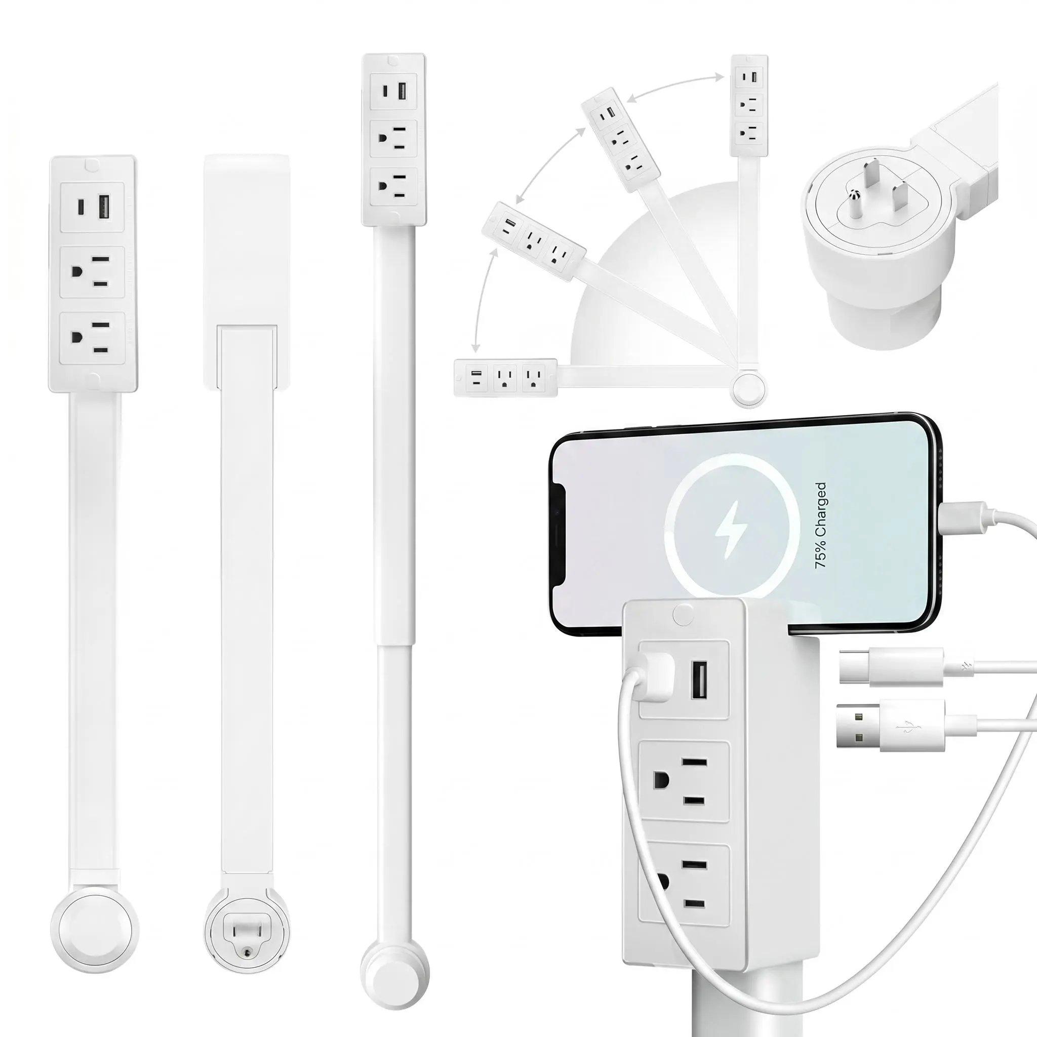 Mountable Surge Protector Power Strip Extender - Multi-Plug Wall Unit with USB-C, USB-A, 2 AC Ports, 22-34" Extendable Design, 180° Rotatable, UL-Certified for Home & Office Behind Furniture